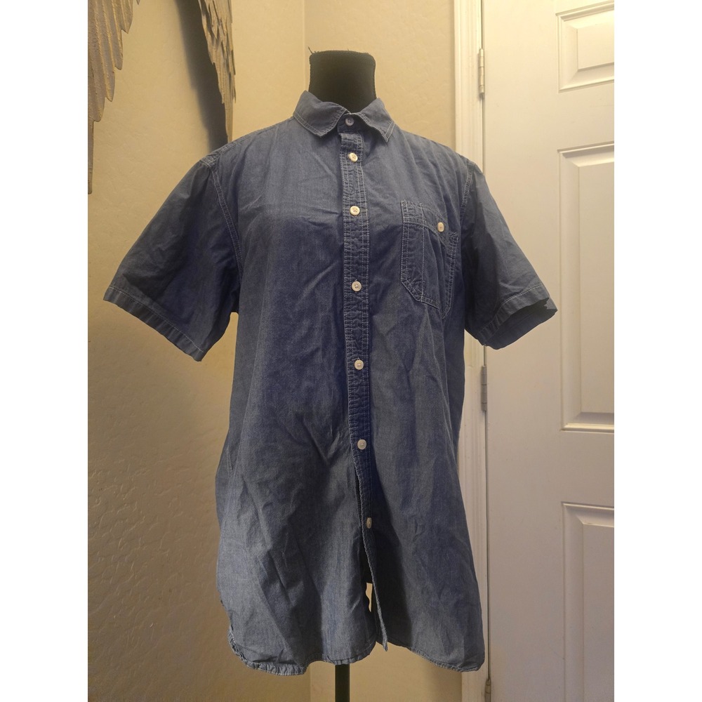 American Heritage Mens L Blue Chambray Shirt 100% Cotton Short Sleeve Workwear